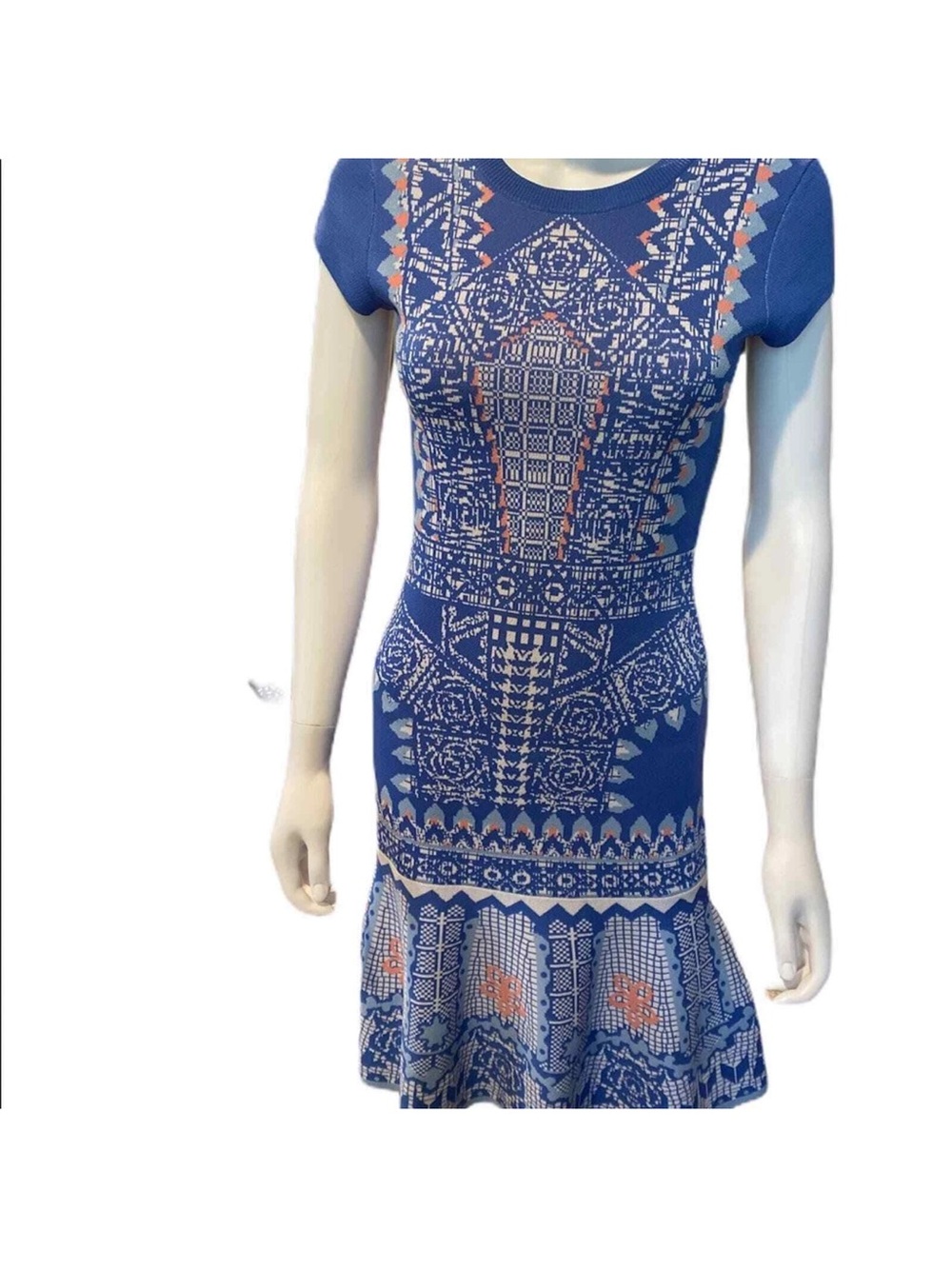 ANTONIO MELANI Blue Printed Short-Sleeve Fit-and-Flare Mini Dress